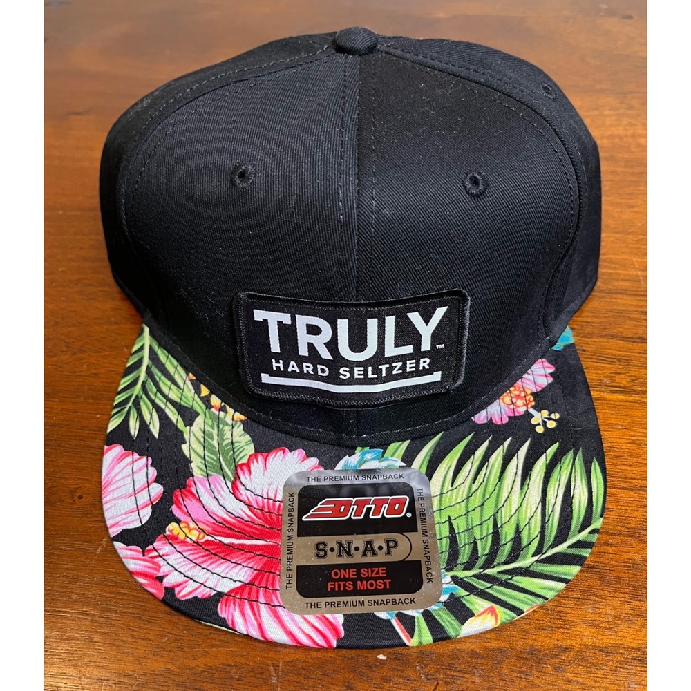 TRULY Hard Seltzer Snapback Hat Black Floral Tropical Brim OTTO New